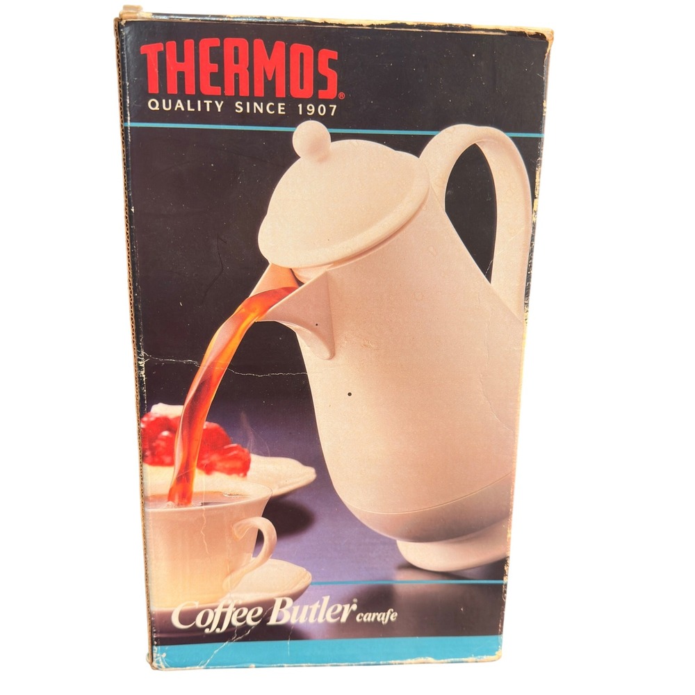 Thermos Coffee Butler Carafe Vintage 80s‎ Almond Glass Lined 32oz NOS Box Retro